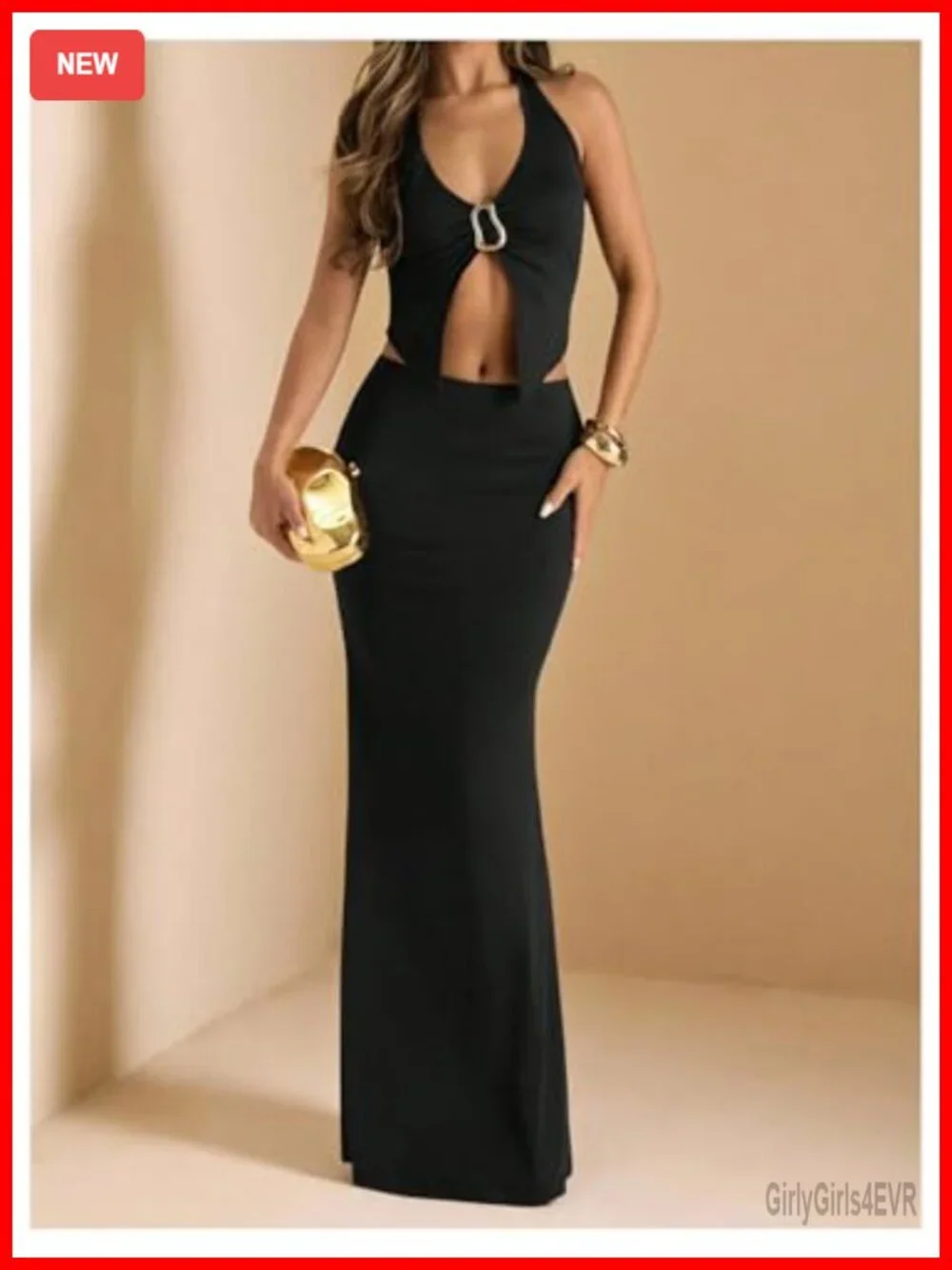 Two Piece Maxi Skirt Set Halter Neck Open Back Split Front Vacation Outfit
